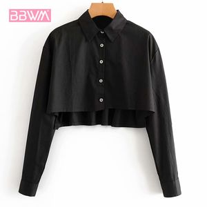 Lapel Long Sleeve Single Breasted Short Loose Women's Shirt Black Minimalistic Sexy Chic Female Tops 210507