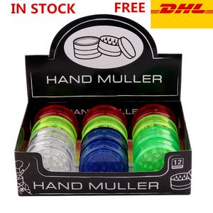 DHL 60 mm 3-teilige bunte Kunststoff-Kräutermühle zum Rauchen von Tabak, grün, rot, blau, klar, DHL-Großhandel