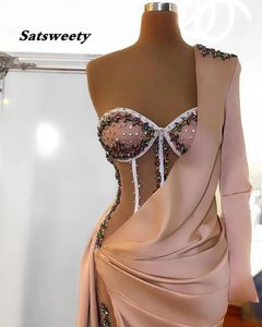 Single Long Sleeve Evening Dresses Champagne Sexy High Slit Beading Crystals Dubai Women Formal Prom Party Gowns