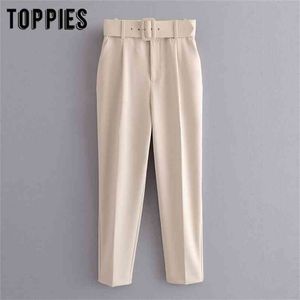 biege suit pants women high waist cargo belt solid color trousers joggers pantalones de mujer 210421