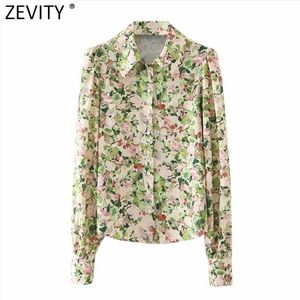 Kvinnor söt blommig tryck Breasted Casual Smock Blus kontor Lady Puff Sleeve Business Shirt Chic Blusas Tops LS7513 210420