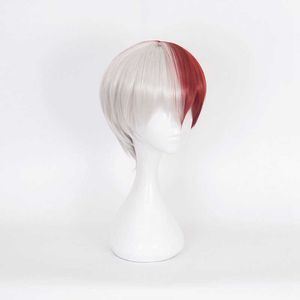 Alta qualità My Hero Academia Boku no Hiro Akademia Shoto Todoroki Shouto Parrucche Argento bianco e rosso Cosplay + Cap Y0913