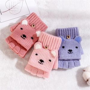 Fem fingrarhandskar halvfinger Clamshell Women Winter Sticked Woolen Yarn Cut Cute Animal Warme