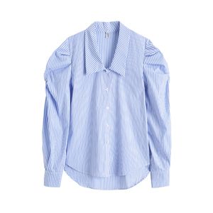 Women Striped Shirt Blue Turn Down Collar Long Sleeve Button Spring Summer Puff B0646 210514