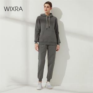 Wixra Vinter Kvinnor Oversize Sweatshirts High-End 100% Bomull Tung Basic Unisex Tracksuits för Män Varm Fleece Set 210803