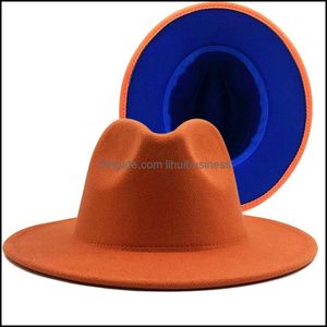 Wide Brim Hats & Caps Hats, Scarves Gloves Fashion Aessories Simple Outer Orange Inner Blue Wool Felt Jazz Fedora With Thin Belt Buckle Men