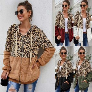 Ymwmhu Leopard Patchwork Women Teddy Coat Autunno con cappuccio Fluffy Plush Winter Faux Fur Jacket Cappotto allentato s 211220