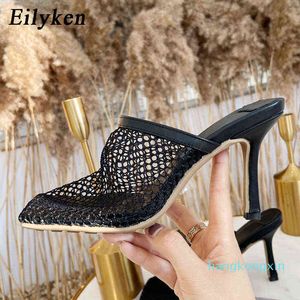 Eilyken 2022 New Hollow Breathable Mesh Woman Thin High Heels Slippers Summer Vintage Square Toe Mules Femme Shoes Pumps Sandals Y1