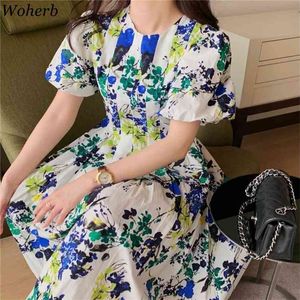 Koreańska sukienka rękawa puff kobiety lato elegancki szata szczupła talia plisowana kwiatowy vestidos temperament vintage maxi sukienki 210519