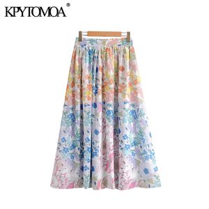 Vintage Stylish Floral Print Plised Midi Spódnica Kobiety Moda Linia Powrót Zipper Plaża Kobieta Spódnice Casual Faldas Mujer 210416