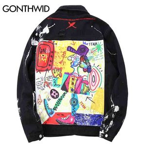 Gonthwid Hip Hop Graffiti Cartoon Ripped Denim Jackor Mens Casual Distressed Jeans Jacket Coat Streetwear Fashion Male Tops 210811