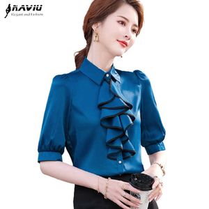 Professional Blue Chiffon Shirt Women Spring Fashion Half Sleeve Temperament Ruffles Blouses Office Ladies Formal Work Tops 210604