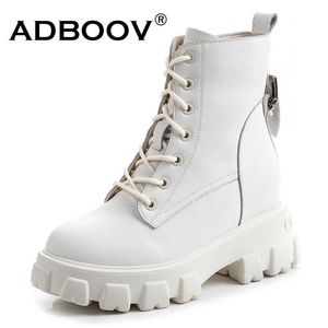 ADBOOV Neue Echtleder Platfrom Stiefeletten Damen Seitlicher Reißverschluss Winter Martens Stiefel Weiß Schwarz Y0914