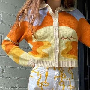 여성 가을 ​​빈티지 프랑스 스타일 선샤인 인쇄 짧은 니트 스웨터 세련된 레이디 패션 단일 브레스트 느슨한 카디건 femme 210918