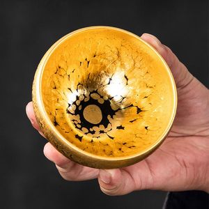Tazza di ceramica Tazza da tè Bicchieri 24K Oro fatto a mano Jianzhan Regalo Stile cinese Artigianato del tè Forno Grande ciotola di ceramica Tazze Piattini