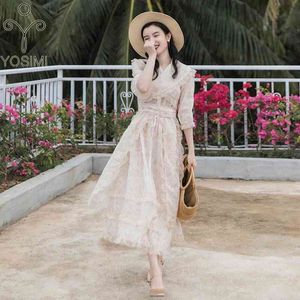 Yosimi Summer Vintage Beige Chiffon och Mesh Long Women Dress Half Sleeve Mid-Calf Fairy Evening Party 210604