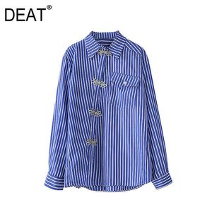 [DEAT] Spring Shirt Turn-Down Collar Długie Rękaw Pasek Single-Piersed Loosetops Moda 13C416 210527
