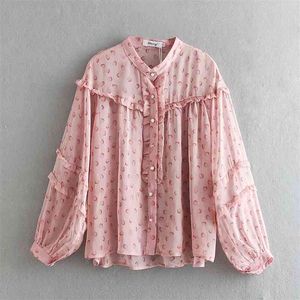 Sweet Pequeno Pequeno Print Bruffles Silk Blusa Primavera Verão Bonito Meninas Stand Camisetas Manga Longa Casual Feminino Blusas 210531