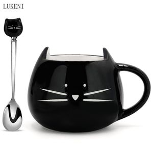 Tazze per gatti in ceramica con simpatici cartoni animati Tazza da caffè da 420 ml Tazza da latte per tè nero bianco con cucchiaio regalo 210414