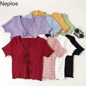 Neploe cropped stickade kvinnor skjortor sommar v nacke kortärmad tees cardigan koreanska spets-up ruffles t-shirt toppar kvinnliga 210422