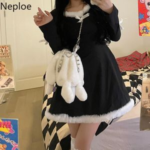 Casual Dresses Neploe Japanese Sweet Dress Women Cute Burrs Robe Square Collar Long Sleeve Black Vestidos Mujer High Waist Vintage