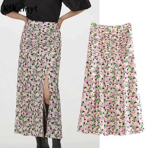 KLKXMYT INSファッションブロガーハイストリートフローラルプリントウエストAline Midiスカート女性ファルダスMujer Moda Long Skirts 210527