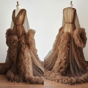 Mulheres grávidas vestidos de noite marrom foto vestes pajam robe v pescoço luva longa apliques de laço tule vestidos personalizados chão comprimento roupão vestido de malha