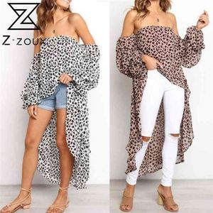 Women Blouse Leopard Printed Chiffon Loose Long Shirt Irregular Tops Off Shoulder Top Sexy 210513