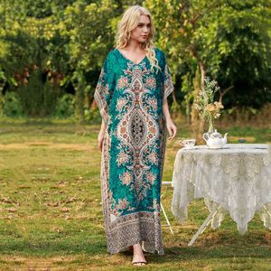 Cobertura de biquíni vintage Plus Size Kaftan Boho Imprimir Vestido de Verão Túnica de Algodão Elegante Mulheres Praia Wear Swim Suit Tever A860 210420