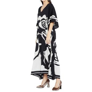 Asciugatura rapida Nero Casual stampato con scollo a V Abito estivo lungo allentato Tunica di cotone Donna Taglie forti Abbigliamento da spiaggia Maxi N1045 Costumi da bagno donna