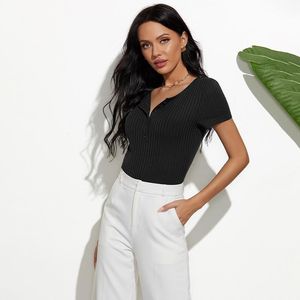 Moda Sexy Elastyczna Knit Body Kobiety Czarny Kombinezon Casual Połowa Otwarta Przycisk O-Neck Krótki Rękaw Romper Lady Ubrania Kobiet Kombinezony