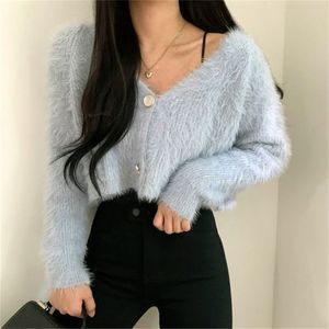 Mulheres Casuais Cintura Alta Sólida Solida All Match Neck de V-Neck Sleeers Malha Solta Streetwear Cardigans Casacos Quentes 210525