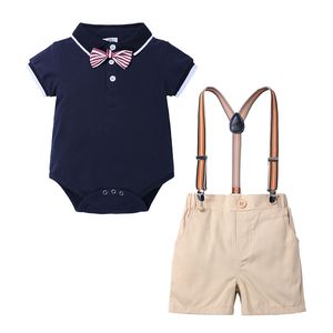 Niemowlę Baby Chłopcy Dżentelmen Bow Tie T-Shirt Topy + Spodenki Kombinezony Odzież Odzież Stroje Dzieci Rok dla chłopca 210429