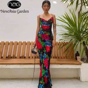 Asia Floral Maxi Dres Cowl Neck Spaghetti Strap Backless Print Beach es Woman Party Night Sexy Long Black 210623
