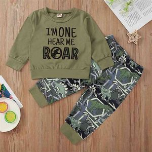 Inverno Crianças Conjuntos Casual Manga Longa Carta T-shirt Imprimir Dinossauro Calças Cute 2 Pcs Meninos Roupas 6m-4T 210629