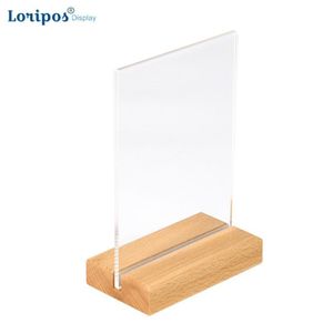 A5 A4 A6 Solid träbas Acrylic Sign Holder Dubbelsidig POS Retail Frame Counter Top Affisch Information eller menyhållare