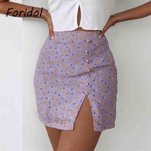 Foridol blommig tryck hög midja lila chiffong bodycon kjolar kvinna högmodig sida slits knapp sommar strand mini vit kjol 210415