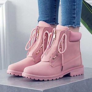 Jesień Zima Kobiety Buty High Top Trend Zipper Deisgn PU Skórzane buty Damskie Buty Duża Rozmiar 42 Różowa kobieta Buty Y0914