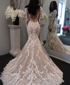 Chic Illusion Długie rękawy Koronki Syrenki Suknie Ślubne Bride Champagne Tulle Aplikacje Sąd Pociąg V Neck Bridal Formalne Gowns Back Sear See