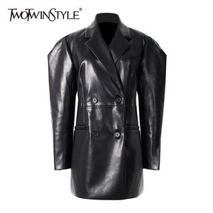 TWOTWINSTYLE PU Leather Black Blazer For Women V Neck Long Sleeve Casual Double Breasted Blazers Female Fashion Clothing 210517