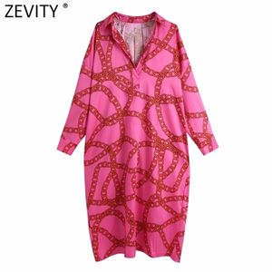 Zevity Women Vintage Chain Printing Casual Loose Rak Midi Klänning Kvinna Chic Batwing Ärm Märke Kimono Vestido DS8117 210806