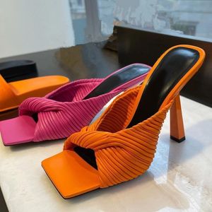 Square Peep Toe Thin High Heels Women Slippers 2021 Summer Bowfold Runway Slides Real Leather Celebrity Mules Woman