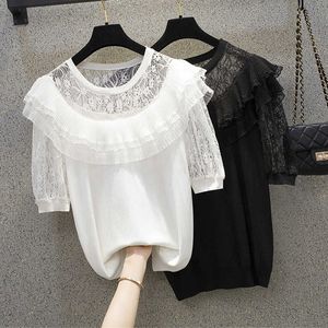 L-4XL Plus Storlek Kvinnor Mode Lace Kint Sweater Pullover Lös Casual Sexig Hollow Out Oversized Pullover Kvinnlig skjorta 210604