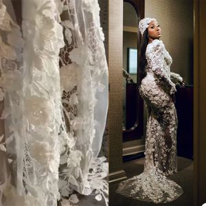 3D kwiatowe aplikacje suknia ślubna syrenka Sexy Illusion V Neck suknie ślubne z długim rękawem szaty de mari￩e koronkowe ręcznie robione kwiaty suknie panny młodej