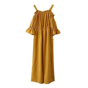 PERHAPS U Black Red Yellow Spaghetti Strap Half Sleeve Wide Leg Jumpsuit Solid Pocket Elastic Waist Casual Chiffon Summer J0057 210529