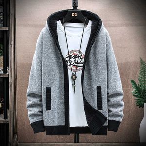 2021 Autumn Korean Hooded Men's Thick Sweaters with Velvet Men's Cardigan Knitted Sweatercoats Solid Jacket Male M-3XL 6665 Y0907