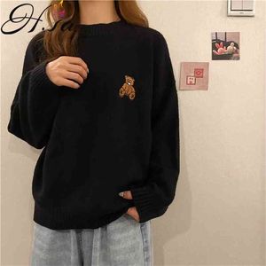 Przylotów Kobiety Cartoon Sweter i swetry Oneck Knitwear Niedźwiedź Luźny Styl Koreański Chic Nosić Undefined Tops 210430