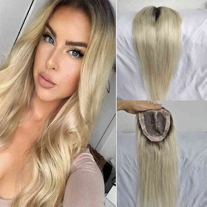 18 Ombre Ash Blonde Hu Włosy Topper Peruka dla kobiet cm Oddychająca Mono PU Base z klipami Toupee Remy Hairpiece