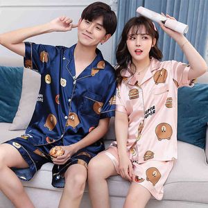 Young Lover Pajamas Fake Silk Women Short-sleeved Summer Pyjama Loose Home Men Couple Pijama Set Soft Sleepwear Top+ Men Pant X0526