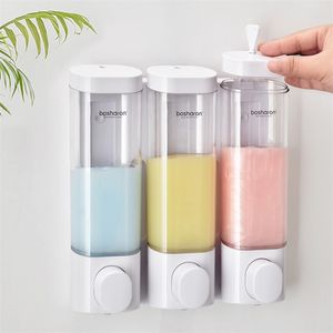 SOAP Dispenser Настенный монтируемый ручной 3 камере пластиковый 300 мл прозрачный белый шампунь для ванной комнаты для душа EL Kitchen 211206